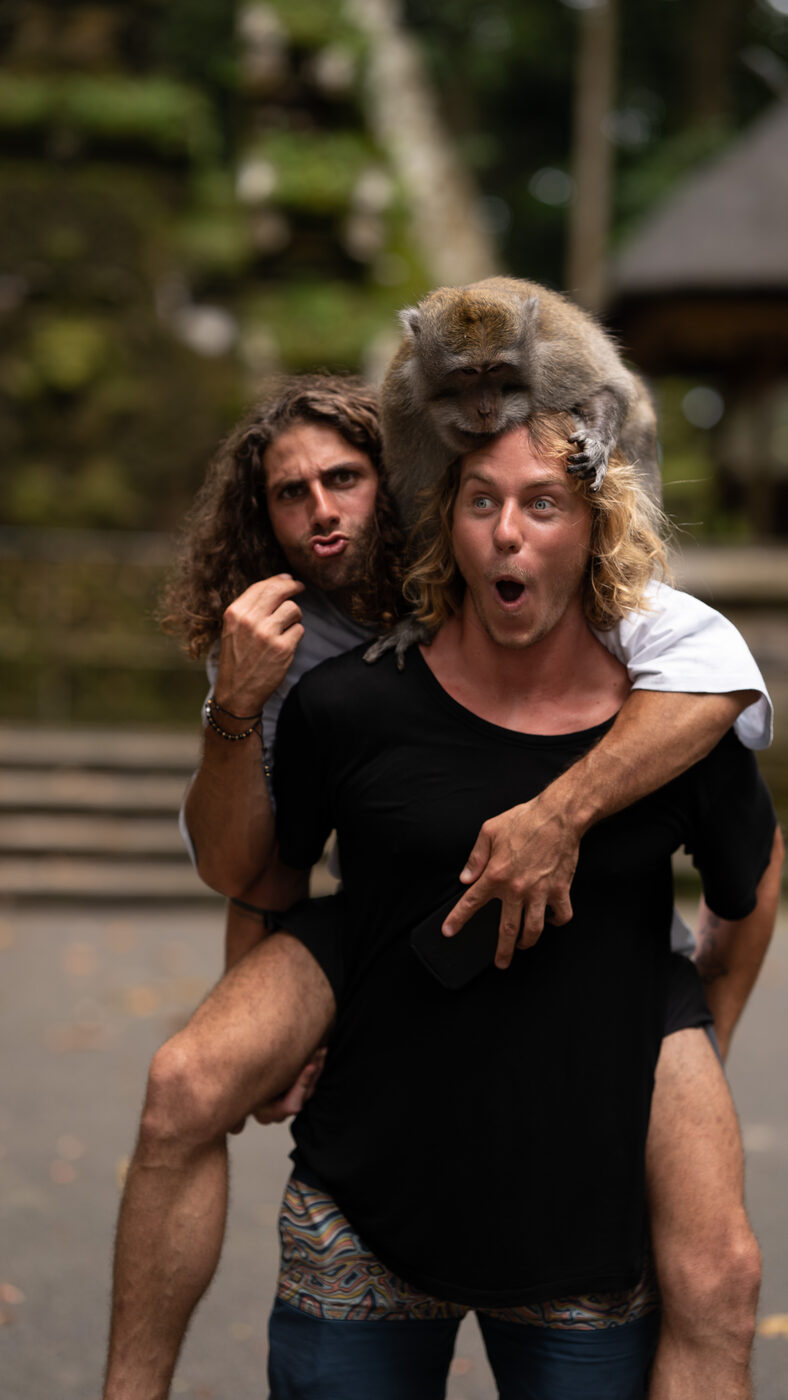 Jaro getting ambushed by a monkey in Bali